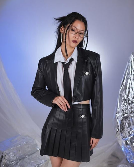 College Style Black Vegan Faux Leather Cropped Jacket-0