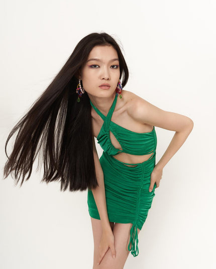 Viola Green Gathered Mini Bodycon Dress-0