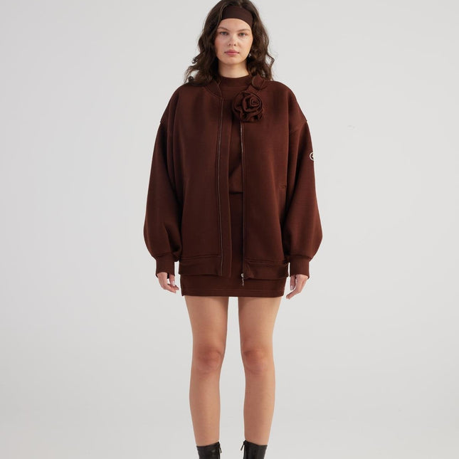 Alexa Brown Oversize Bomber Jacket with Removable Rose Accessory-2