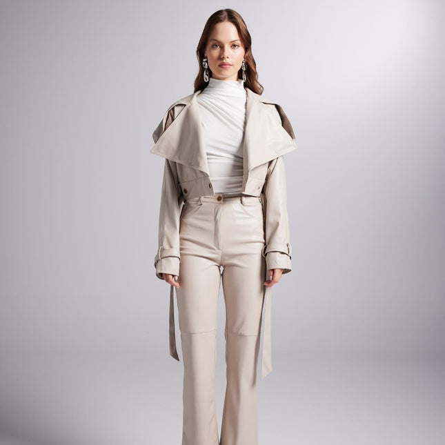 Neeko Beige Faux Leather Cropped Jacket-4