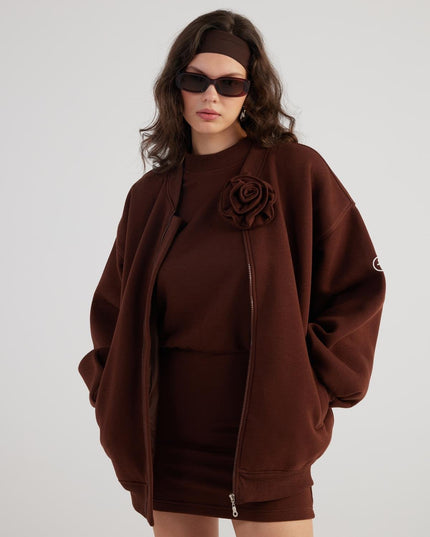 Alexa Brown Oversize Bomber Jacket with Removable Rose Accessory-0