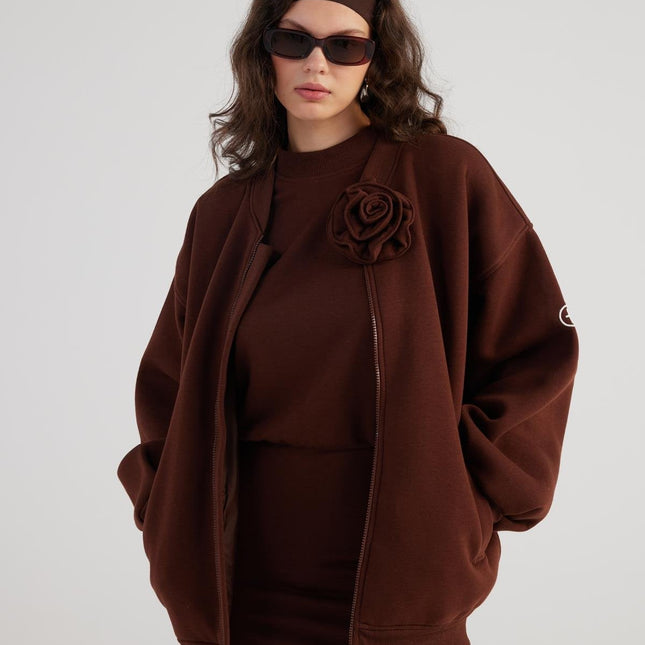Alexa Brown Oversize Bomber Jacket with Removable Rose Accessory-0
