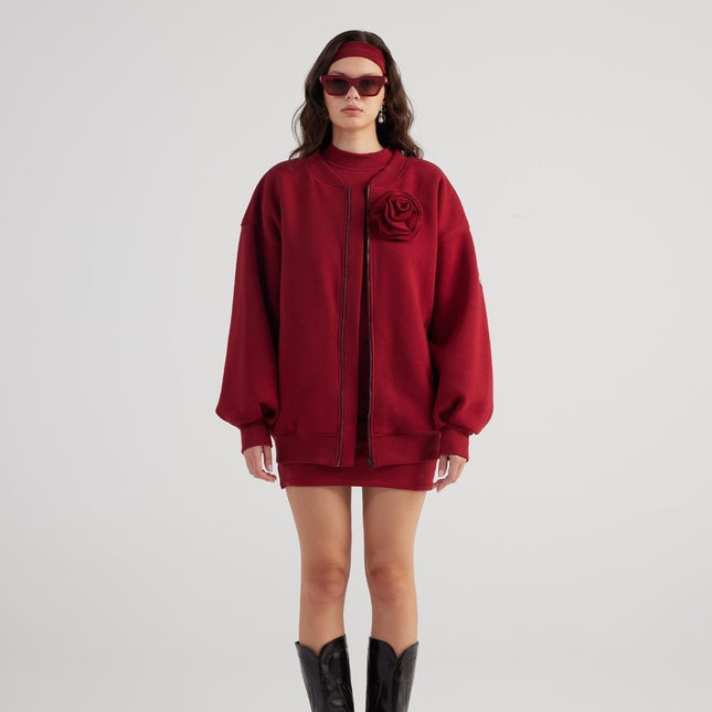 Alexa Burgundy Oversize Bomber Jacket with Removable Rose Accessory-2