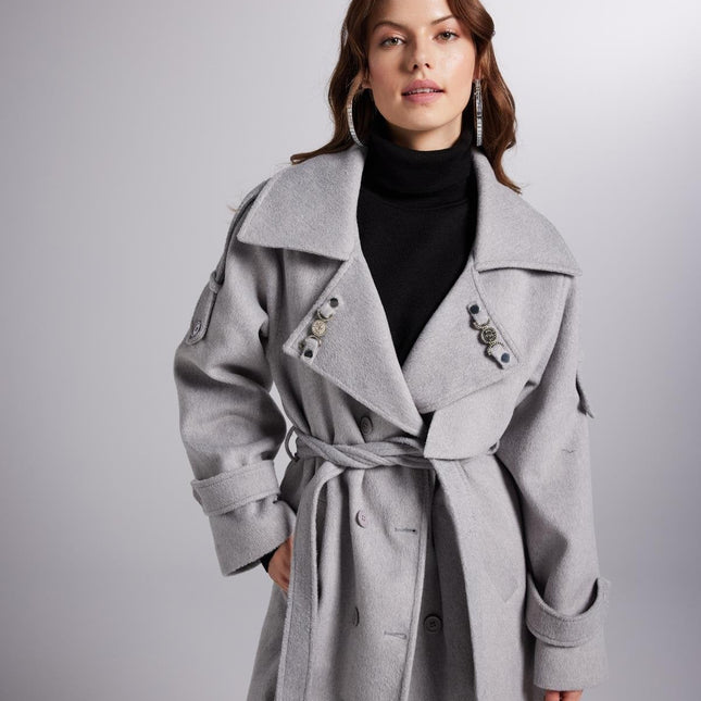 Accessorized Wool Blended Cashmere Maxi Woody Grey Coat-0
