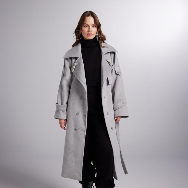 Accessorized Wool Blended Cashmere Maxi Woody Grey Coat-2