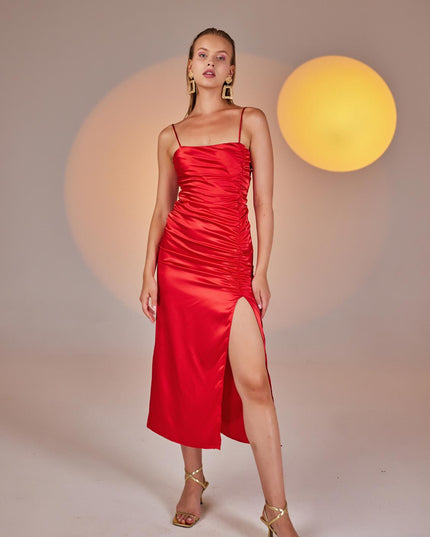 Dipsy Red Satin Strappy Slit Midi Dress-0