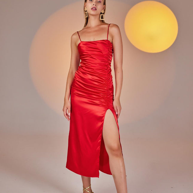 Dipsy Red Satin Strappy Slit Midi Dress-0