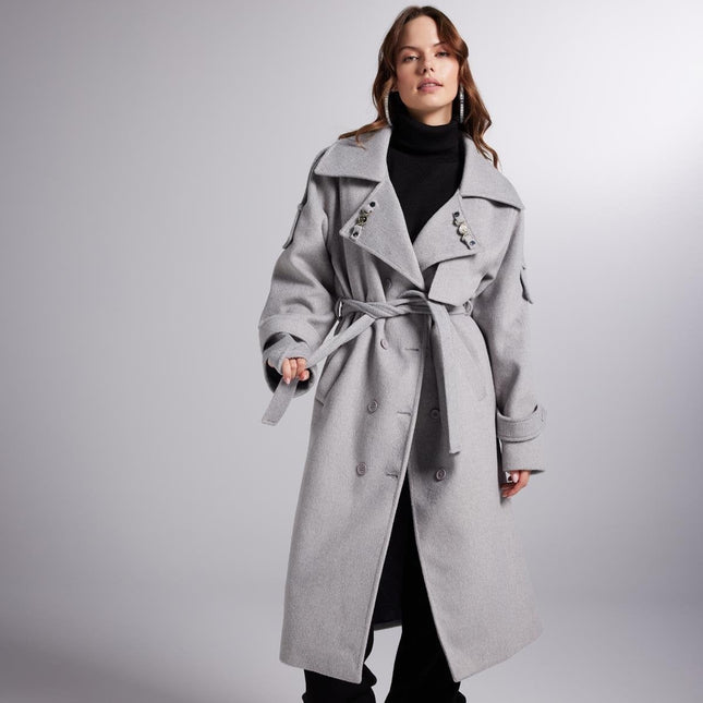 Accessorized Wool Blended Cashmere Maxi Woody Grey Coat-3