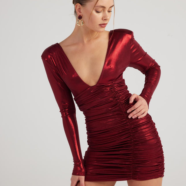 Karly Burgundy Shiny Mini Dress-0