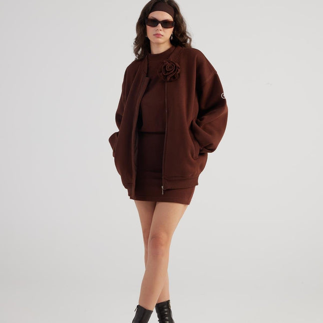 Alexa Brown Oversize Bomber Jacket with Removable Rose Accessory-4