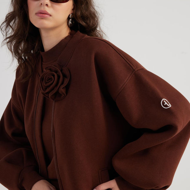 Alexa Brown Oversize Bomber Jacket with Removable Rose Accessory-3