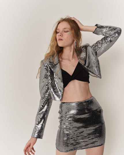 Glammy Silver Sequin Cropped Jacket-0