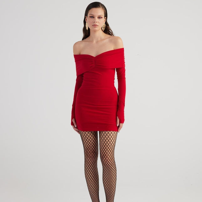 Dreamer Red Bardot Neck Mini Dress-2