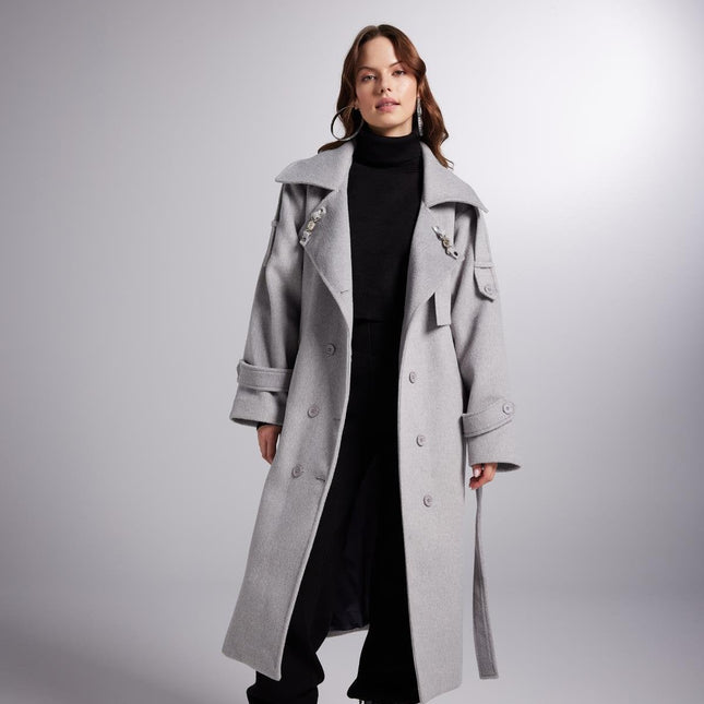 Accessorized Wool Blended Cashmere Maxi Woody Grey Coat-4