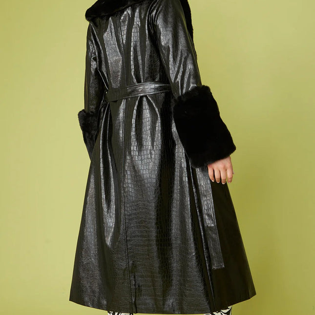 Black Faux Leather Jacket with Detachable Faux Fur Cuffs and Collar-2