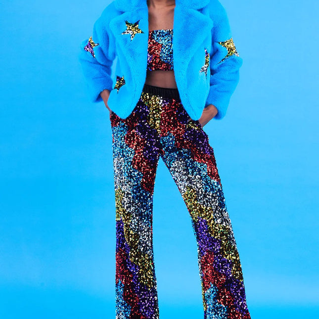 Blue Bamboo Faux Fur Sequins Star Jacket-2