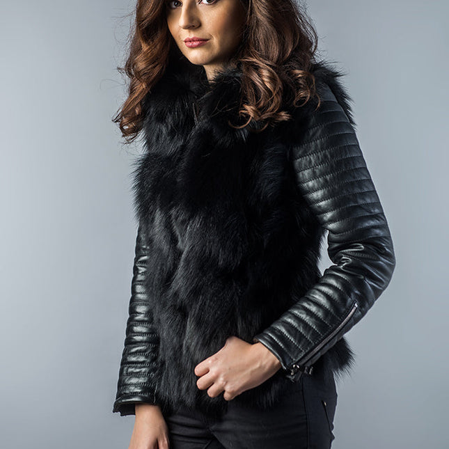 Black Genuine Arctic Fox Fur Lamb Nappa Leather Jacket-2