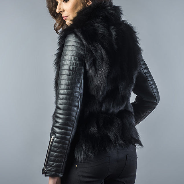 Black Genuine Arctic Fox Fur Lamb Nappa Leather Jacket-1