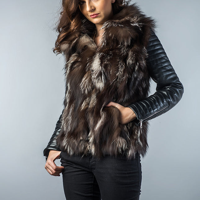 Brown Silver Genuine Arctic Fox Fur Lamb Nappa Leather Jacket-2