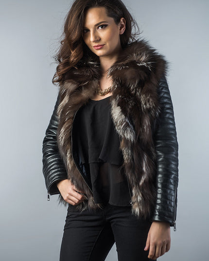 Brown Silver Genuine Arctic Fox Fur Lamb Nappa Leather Jacket-0