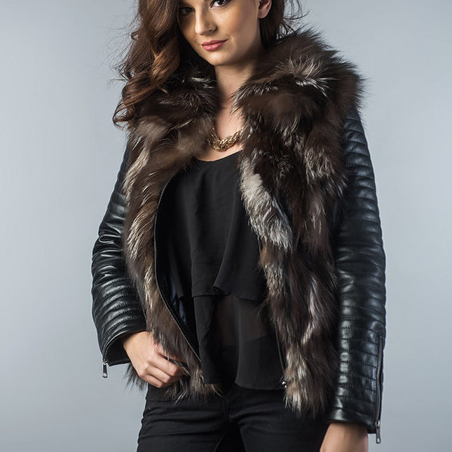 Brown Silver Genuine Arctic Fox Fur Lamb Nappa Leather Jacket-0