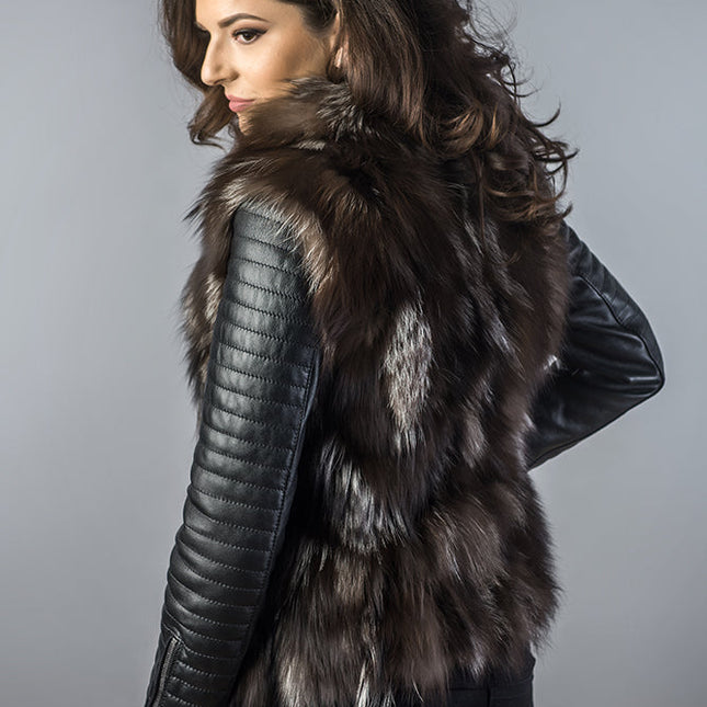 Brown Silver Genuine Arctic Fox Fur Lamb Nappa Leather Jacket-1