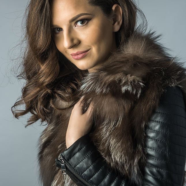 Brown Silver Genuine Arctic Fox Fur Lamb Nappa Leather Jacket-3