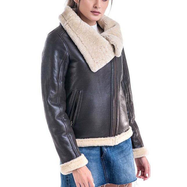 Brown Shearling Leather Jacket with Merino Fur Detailing-0