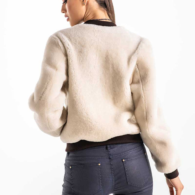 Beige Natural Sheepskin Mouton Fur Jacket-2