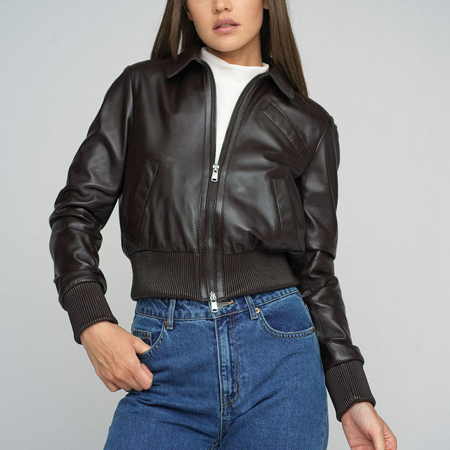 Brown Genuine Sheepskin Cropped Jacket-2