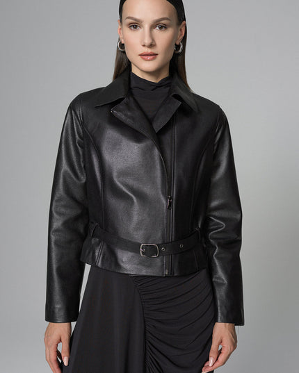 Black Genuine Leather Cropped Jacket with Stylish Belt-0