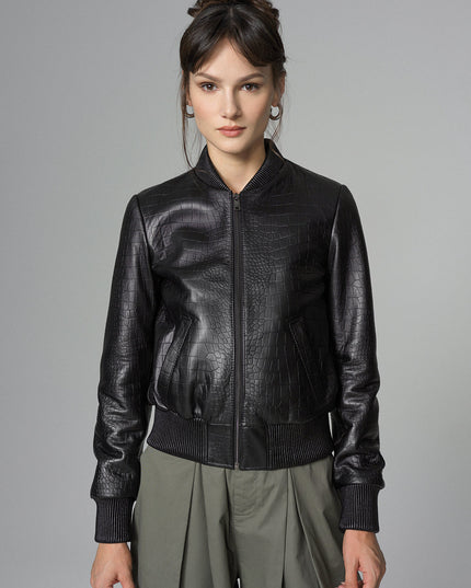 Black Leather Jacket with Crocodile Skin Print-0
