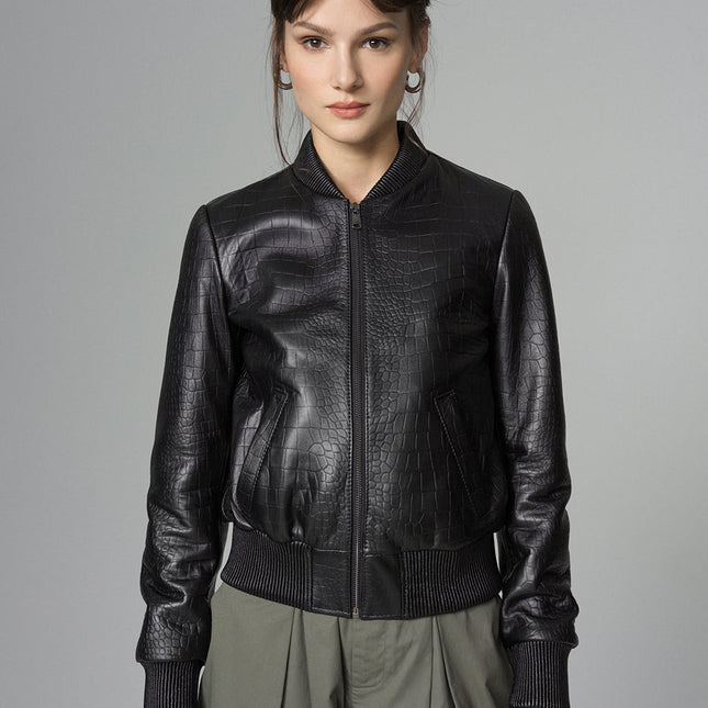 Black Leather Jacket with Crocodile Skin Print-0