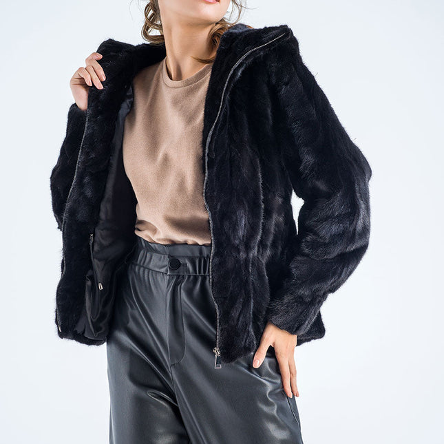 Black Genuine Mink Fur Hooded Jacket-2