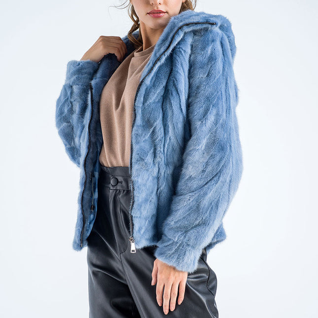 Blue Genuine Mink Fur Hooded Jacket-0