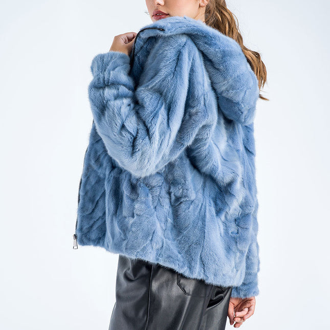 Blue Genuine Mink Fur Hooded Jacket-2
