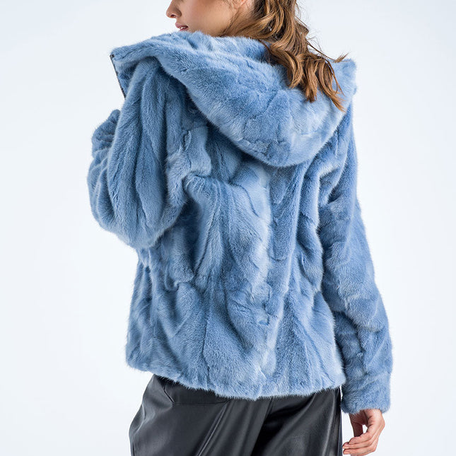Blue Genuine Mink Fur Hooded Jacket-1