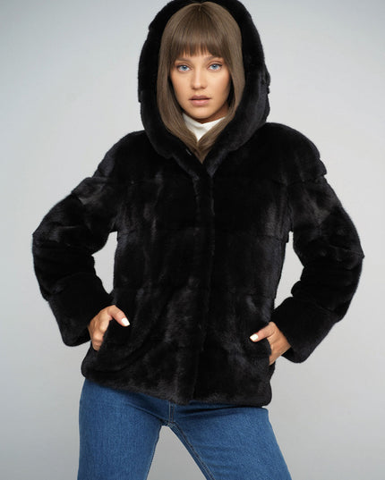 Black Luxury Genuine Mink Fur Hooded Jacket-0