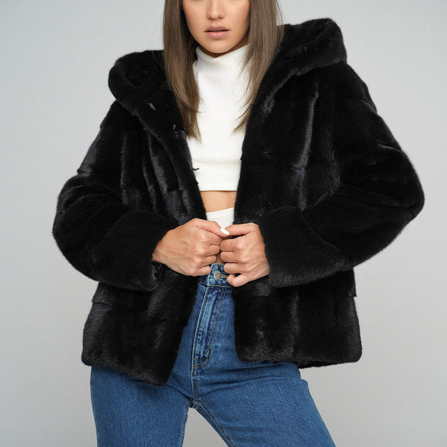 Black Luxury Genuine Mink Fur Hooded Jacket-2