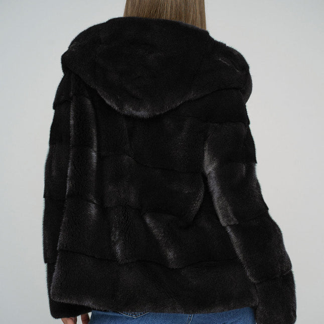 Black Luxury Genuine Mink Fur Hooded Jacket-1