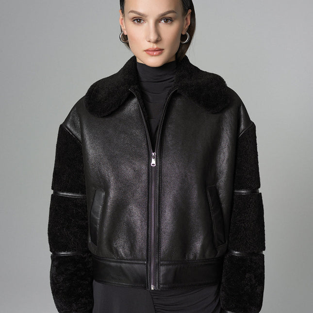 Black Oversized Shearling Leather Jacket-1