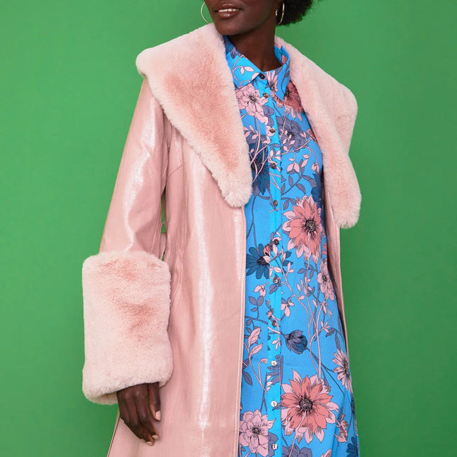 Pink Faux Leather Jacket with Detachable Faux Fur Cuffs and Collar-1
