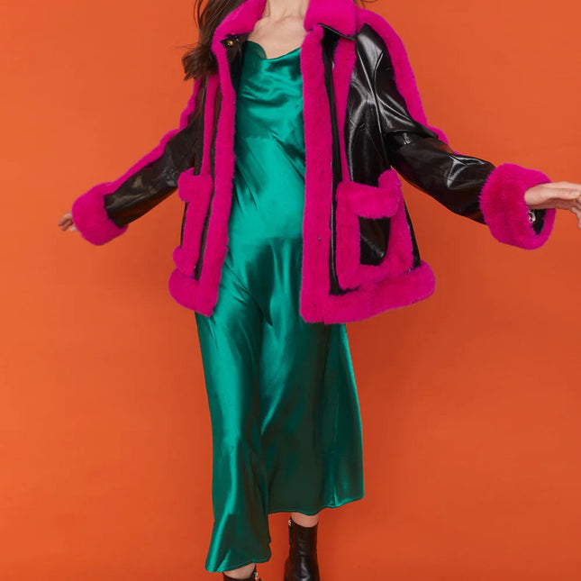 Black Pink Faux Leather with Faux Fur Trim Aviator Jacket-0
