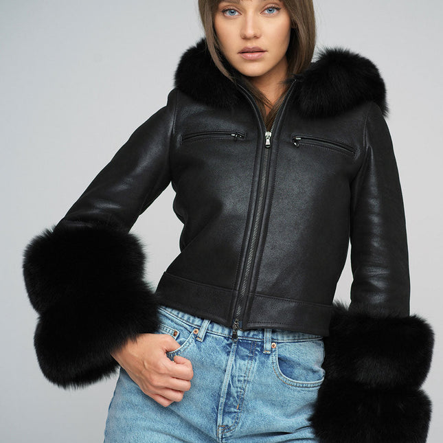 Black Merino Leather Jacket with Fox Fur Collar and Cuffs-1