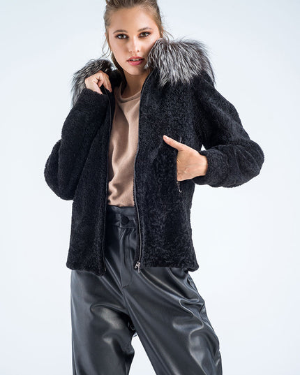 Black Sheepskin Hooded Jacket with Arctic Fox Fur Detailing-0