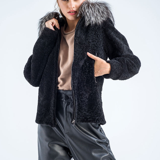Black Sheepskin Hooded Jacket with Arctic Fox Fur Detailing-0
