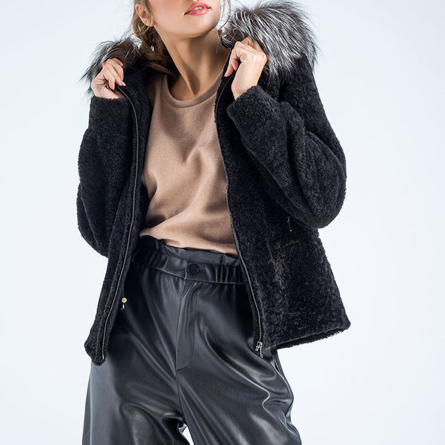 Black Sheepskin Hooded Jacket with Arctic Fox Fur Detailing-2