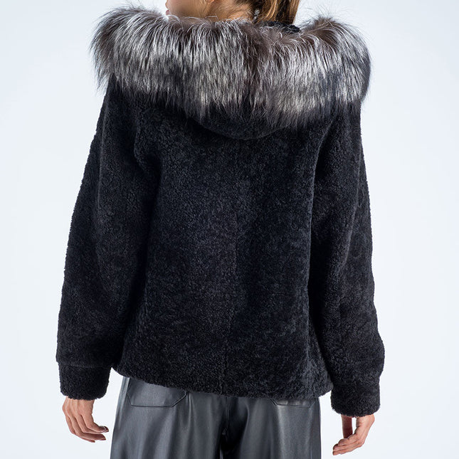 Black Sheepskin Hooded Jacket with Arctic Fox Fur Detailing-1