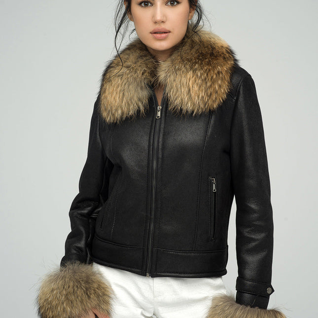 Black Sheepskin Jacket with Raccoon Fur Collar and Cuffs-0