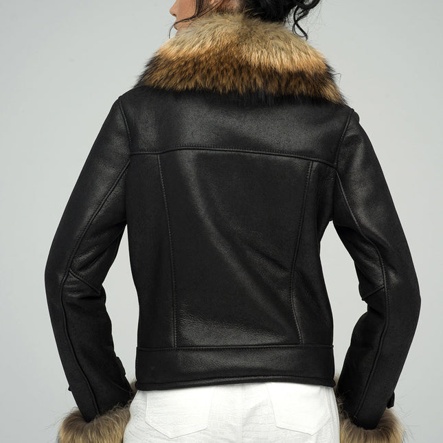 Black Sheepskin Jacket with Raccoon Fur Collar and Cuffs-2